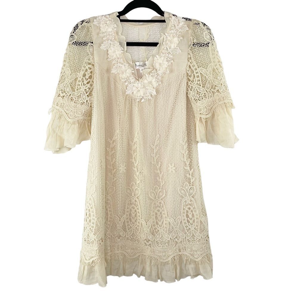 Pretty Angel Top‎ Beaded Floral Silk Blend Cream Crocheted Fairy Romantic Size S